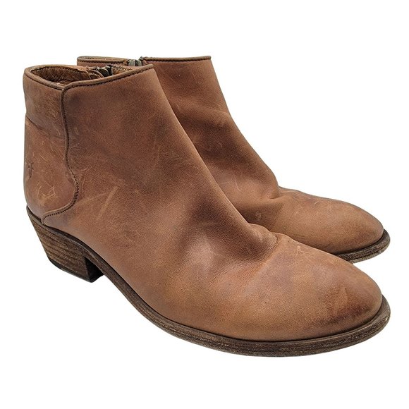 Frye Womens Ankle Boots Brown Size 7.5M Carson Piping Brown Cuban Heel Side Zip